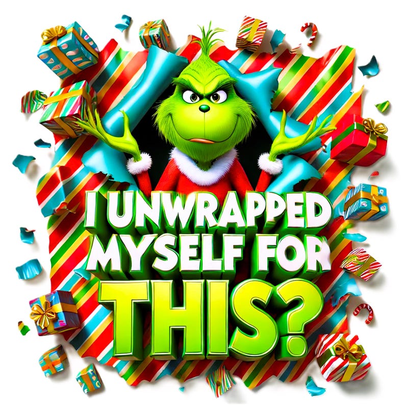 3D Disney-inspired Grinch bursting through festive wrapping paper, perfect for Christmas decor, mugs, shirts, and junk journals. High-quality PNG clipart capturing the Grinch mischievous and humorous expressions ; USA ; Fun Christmas ; Grinch files