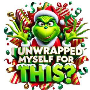 3D Disney-inspired Grinch bursting through festive wrapping paper, perfect for Christmas decor, mugs, shirts, and junk journals. High-quality PNG clipart capturing the Grinch mischievous and humorous expressions ; USA ; Fun Christmas ; Grinch files