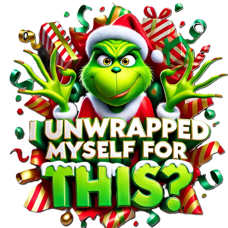 3D Disney-inspired Grinch bursting through festive wrapping paper, perfect for Christmas decor, mugs, shirts, and junk journals. High-quality PNG clipart capturing the Grinch mischievous and humorous expressions ; USA ; Fun Christmas ; Grinch files