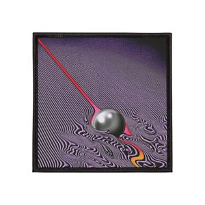May include: Square patch with a black border featuring a surreal design. The artwork includes a silver sphere, a red line, and wavy patterns in shades of purple, black, and orange. The patch is likely for clothing or accessories.