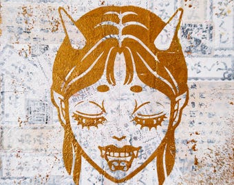 Japanese Oni Girl Painting, Red Demon Art, Mixed Media on Wood Panel, Medium Wall Art, Handmade Folk Artwork, One of a Kind