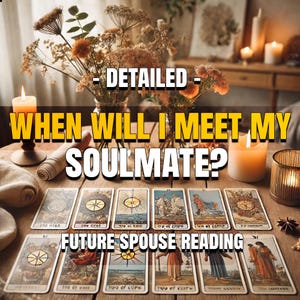 May include: A tarot card reading setup with lit candles, flowers, and a deck of cards. The image text reads "DETAILED - WHEN WILL I MEET MY SOULMATE? FUTURE SPOUSE READING."