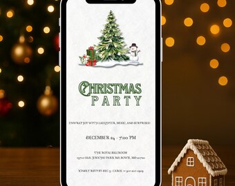 May include: A smartphone displays a Christmas party invitation with a festive design. The invitation features a Christmas tree, gifts, and a snowman. Text includes "Christmas Party" and event details. A gingerbread house sits nearby.