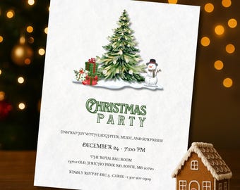 May include: A Christmas party invitation with a watercolor illustration of a Christmas tree, gifts, and a snowman. The invitation text reads "Christmas Party" and includes event details. A gingerbread house is in the foreground.