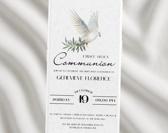 Peut inclure: Un smartphone blanc affichant une invitation de Première Communion. Le design présente une colombe blanche, une branche d'olivier et une écriture élégante. L'invitation comprend la date, l'heure et le lieu de l'événement.