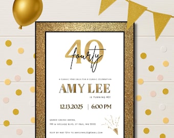 Elegante Einladungsvorlage zum 40. Geburtstag | Gold Glitter digitale Einladung