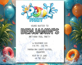 Pode incluir: Um convite para uma festa na piscina com as palavras "POOL PARTY" em azul e branco, com uma bola de praia e um gráfico de anel insuflável. O convite diz "Você está convidado para a festa de aniversário de Benjamin" com data, hora e local.