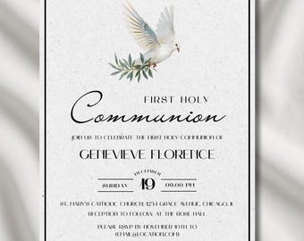 Peut inclure: Invitation de Première Sainte Communion avec une colombe blanche, une branche d'olivier et une écriture décorative. L'invitation comprend le texte "Première Sainte Communion", le nom "Genevieve Florence" et les détails de l'événement du 19 décembre.
