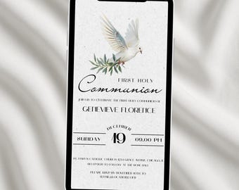 Peut inclure: Une invitation numérique pour une Première Communion, affichée sur un smartphone. Le design présente une colombe blanche avec une branche d'olivier, une écriture élégante et les détails de l'événement.