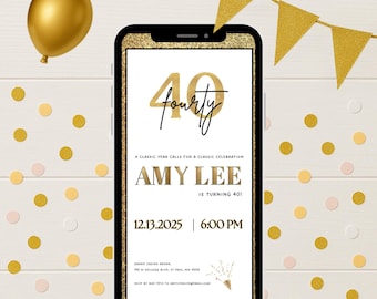 Elegante plantilla de invitación para el 40 cumpleaños / Invitación electrónica / Descarga digital