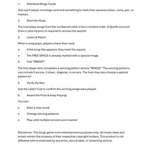 May include: White paper with black text detailing the rules for a music bingo game. Instructions include how to distribute cards, start the music, listen and match, call bingo, verify the win, and award prizes.