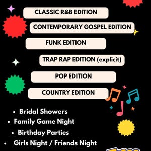 May include: A black graphic featuring Tune Trivia Bingo cards with various music genres: Classic R&B, Contemporary Gospel, Funk, Trap Rap, Pop, and Country. The image also lists occasions like bridal showers and family game nights. Colorful musical notes and the word "FUN" are included.