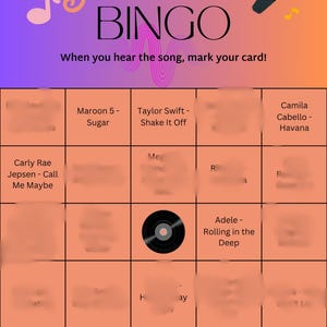 Pop Music Bingo, Tune Trivia Game, 25 cards, Playlist included! image 1