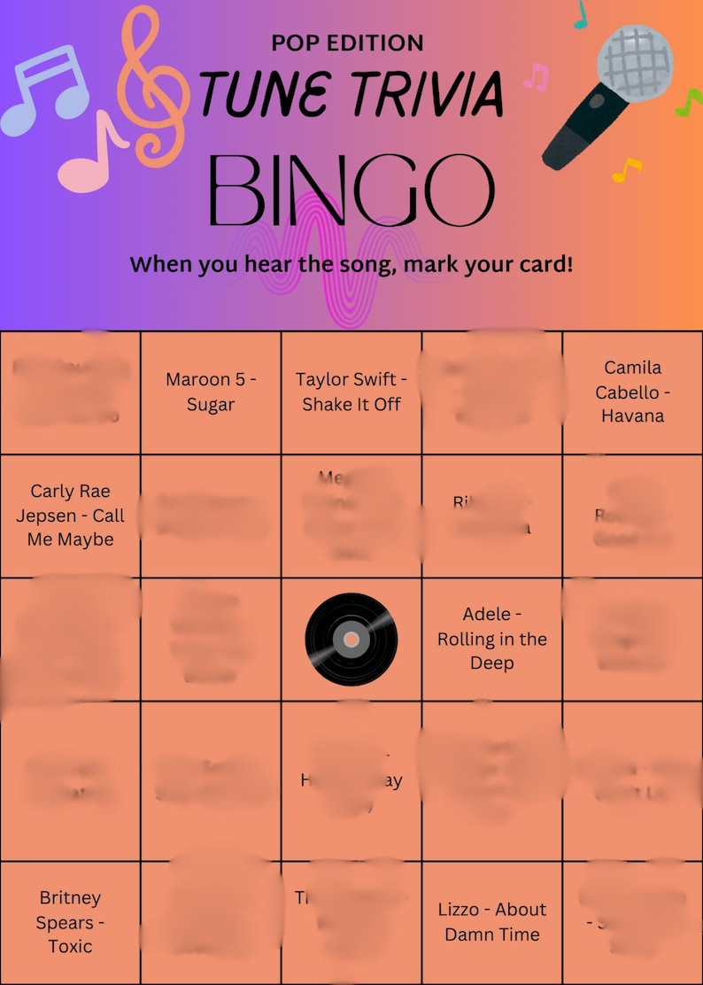 Pop Music Bingo, Tune Trivia Game, 25 cards, Playlist included! image 1