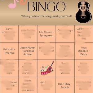 May include: A country music themed bingo game card with the text "TUNE TRIVIA BINGO". The card features a guitar and a cowboy hat graphic. The card includes song titles and artist names in the bingo squares.
