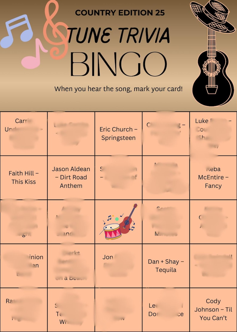 May include: A country music themed bingo game card with the text "TUNE TRIVIA BINGO". The card features a guitar and a cowboy hat graphic. The card includes song titles and artist names in the bingo squares.