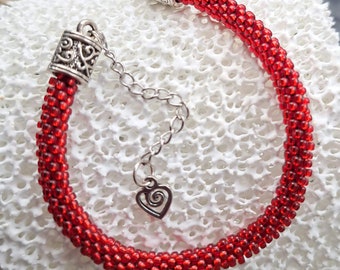 Ruby 'HUG' Bracelet, Handmade with Japanese Miyuki Glass Beads