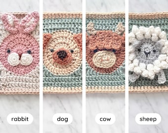 Pet and Farm Animals Granny Square Crochet Patterns (4) ⸱ Rabbit ⸱ Dog ⸱ Cow ⸱ Sheep ⸱ Blanket ⸱ Digital PDF Crochet Pattern