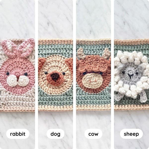 Häkelmuster für Haustiere und Nutztiere, Oma-Quadrat (4) ⸱ Kaninchen ⸱ Hund ⸱ Kuh ⸱ Schaf ⸱ Decke ⸱ Digitales PDF-Häkelmuster