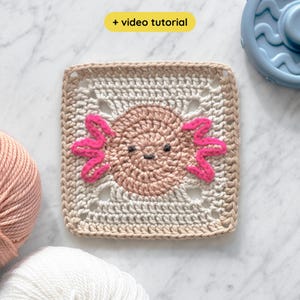 Schema per realizzare un quadrato all'uncinetto a forma di axolotl, nonna, con video tutorial: copertina per neonati a forma di animale domestico (PDF digitale)