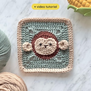 Monkey Granny Square Crochet Pattern with Video: Forest Jungle Animal Baby Blanket (Digital PDF)