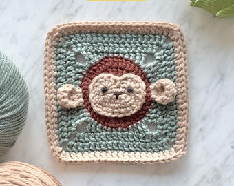 Monkey Granny Square Crochet Pattern with Video: Forest Jungle Animal Baby Blanket (Digital PDF)