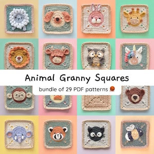 Patrones de ganchillo cuadrados con motivos de animales y abuelas con vídeo: Manta para bebé ideal para principiantes (29 patrones digitales en PDF)