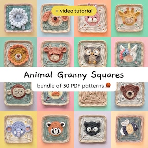 Patrones de ganchillo cuadrados con motivos de animales y abuelas con vídeo: Manta para bebé ideal para principiantes (30 patrones digitales en PDF)