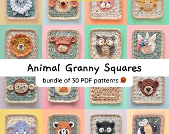 Animal Granny Square Crochet Patterns with Video: Beginner-Friendly Baby Blanket (30 Digital PDF Patterns)