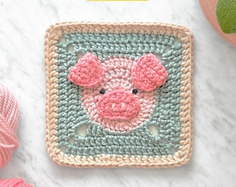 Pig Granny Square Crochet Pattern with Video Tutorial: Farm Animal Baby Blanket (Digital PDF)