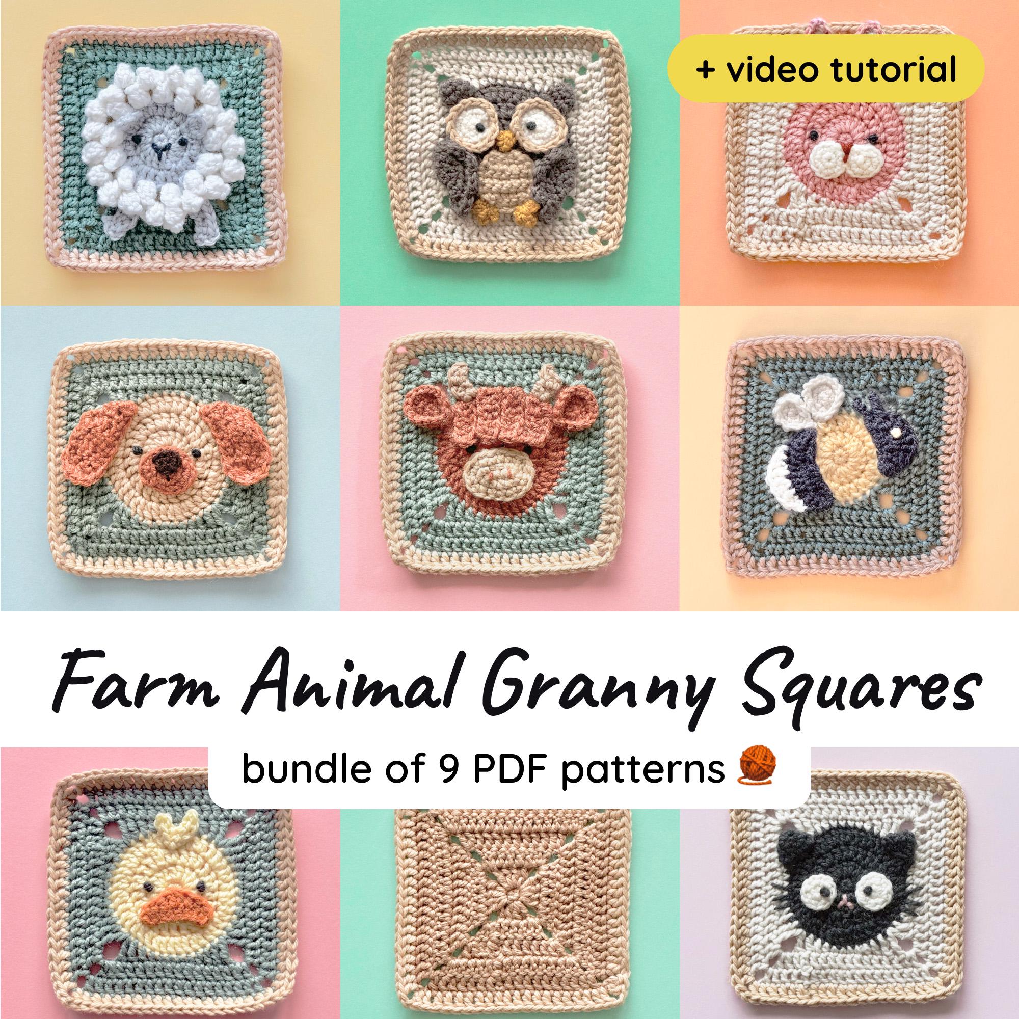 Farm Animal Granny Square Crochet Patterns with Tutorial Video (9) ⸱ Sheep ⸱ Owl ⸱ Rabbit ⸱ Dog ⸱ Cow ⸱ Bee ⸱ Duck ⸱ Cat ⸱ Digital PDF
