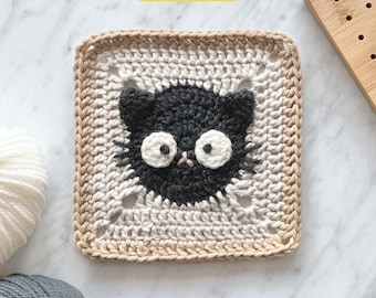 Cat Granny Square Crochet Pattern with Video Tutorial: Pet Animal Baby Blanket (Digital PDF)