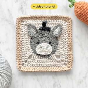 Donkey Granny Square Crochet Pattern with Video: Farm Animal Baby Blanket (Digital PDF)