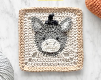 Donkey Granny Square Crochet Pattern with Video: Farm Animal Baby Blanket (Digital PDF)