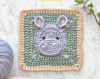 Hippo Granny Square Crochet Pattern with Video: Safari Animal Baby Blanket (Digital PDF)