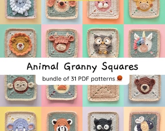 Patrones de ganchillo cuadrados con motivos de animales y abuelas con vídeos tutoriales: Manta para bebé ideal para principiantes (31 patrones en PDF)