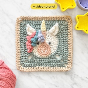 Unicorn Granny Square Crochet Pattern with Video Tutorial: Animal Baby Blanket (Digital PDF)