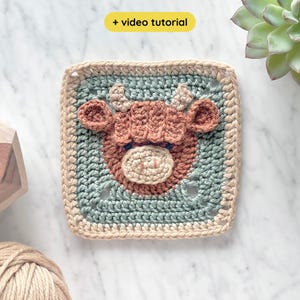 Highland Cow Granny Square Crochet Pattern with Video: Farm Animal Baby Blanket (Digital PDF)
