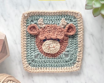 Highland Cow Granny Square Crochet Pattern with Video: Farm Animal Baby Blanket (Digital PDF)