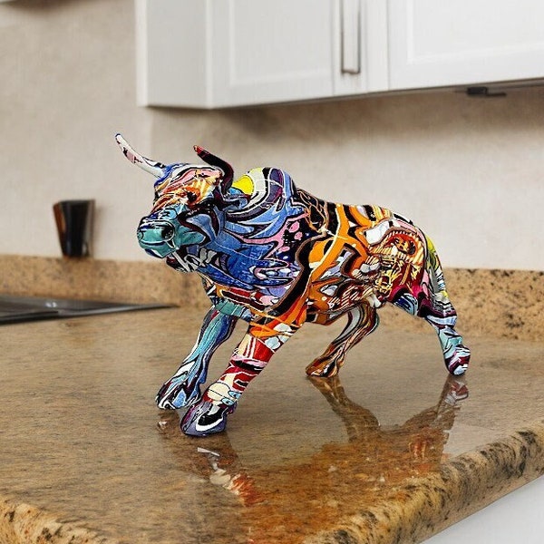 Pop Art Bull Ornament Graffiti Inspired Home Decoration Sculpture Statue