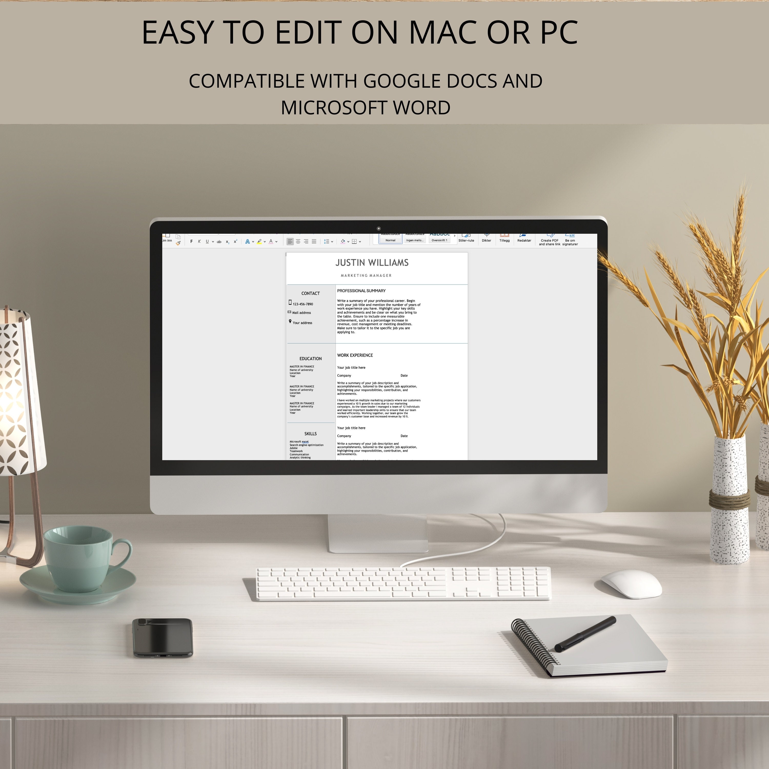 Professional Resume Template for Google Docs and Microsoft Word, Modern ...