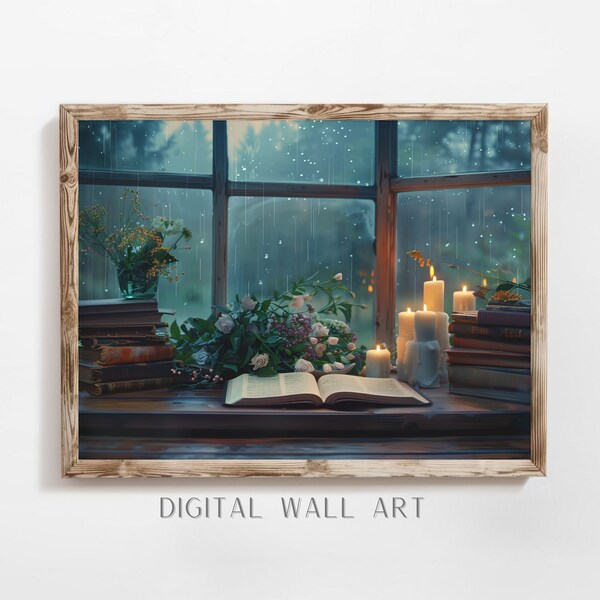 Rustic Reading Nook Wall Art Printable, Reading Decor, Cottage Art Print, Moody Window Oil Painting, Cozy Window View Home Decor