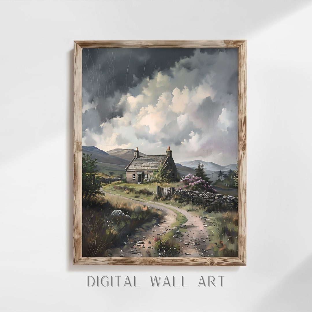 Cottage Oil Painting, Scottish Landscape Wall Art, Vintage Moody Art