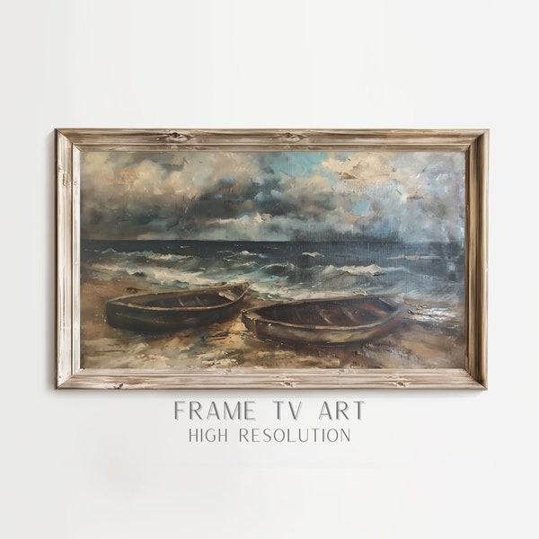 Samsung Frame TV Art Row Boats on the Shore Painting, Vintage Seaside Digital Download, Nautical Decor Instant Download Antique Oil Painting