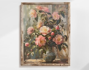 Flower Still Life, Vintage Camellia Vase Painting, Neutral Country Farmhouse Decor Digital Download, Floral Printable Art, Instant Download