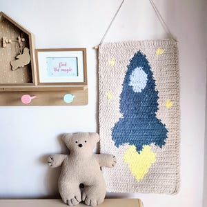 Handmade Rocket Woven Wall Hanging: Plush Yarn Kids Room Decor