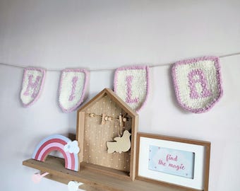 Personalized Knit Baby Name Garland: Pink Beige Nursery Decor