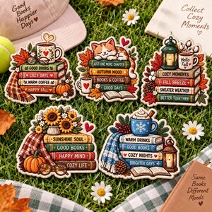 May include: Five embroidered patches featuring stacks of books with autumn themes, including pumpkins, sunflowers, lanterns, mugs of coffee, and sleeping cats. Each patch displays text such as Good Books, Cozy Days, Autumn Mood, and Sunshine Soul.