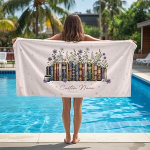 Personalized Floral Book Beach Towel| Library Gift for Book Lover| Favorite Book Reader Girl Trip Bath Pool Summer Trip| Reading Book Towels