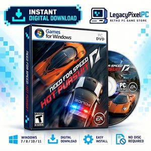 Puede incluir: Caja y disco del juego Need for Speed Hot Pursuit para PC DVD. La portada muestra un coche deportivo naranja y un coche de policía con luces rojas y azules. El texto incluye Games for Windows, PC DVD, la clasificación ESRB Teen y el logotipo de EA.